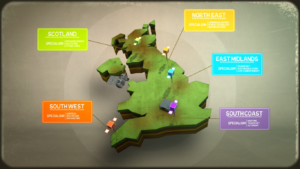 3D map of the UK with regional callouts for Scotland, Northeast, East Midlands, South West, and South Coast specialties.