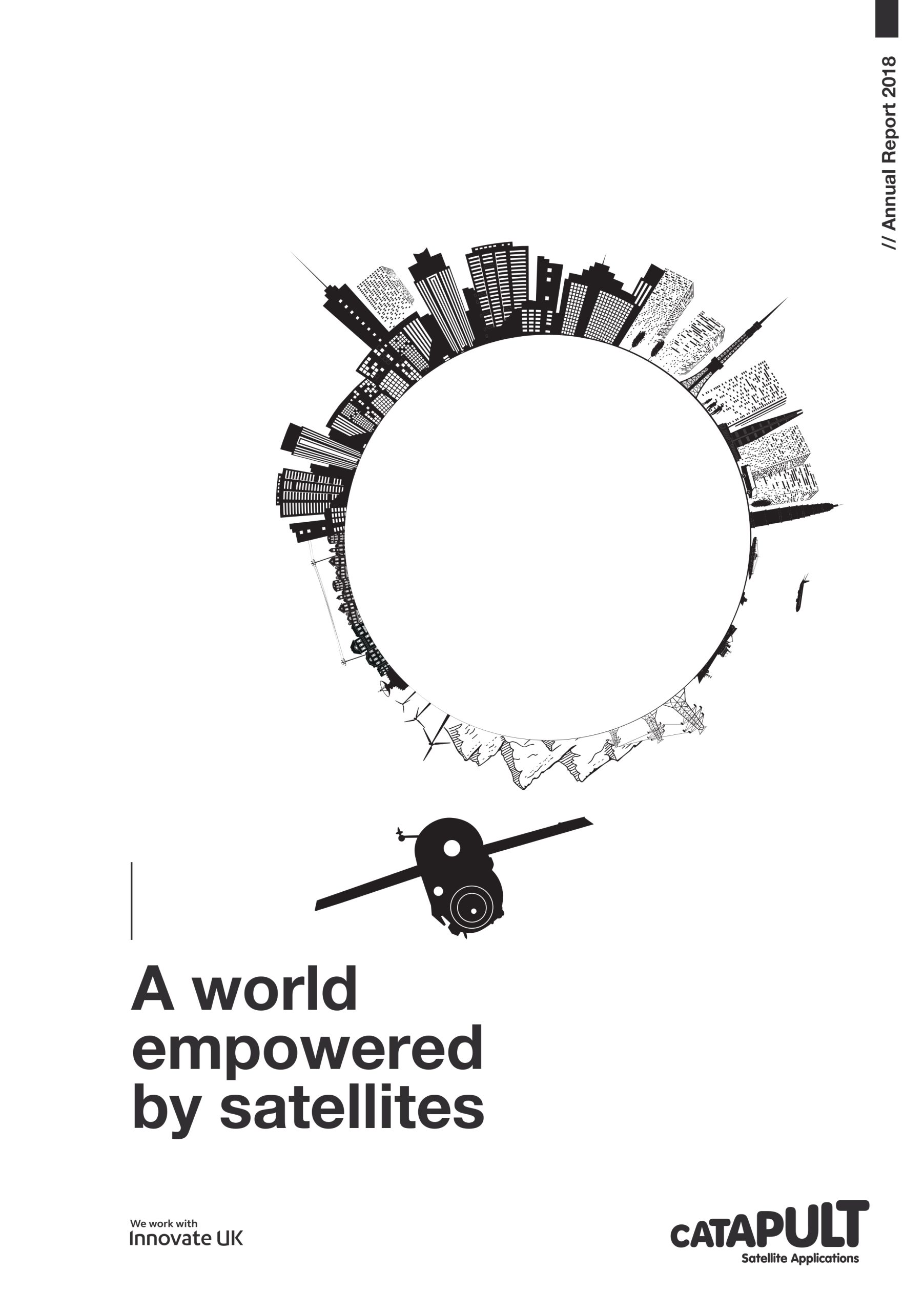 A satellite orbits a stylized globe with city buildings; text reads "A world empowered by satellites.