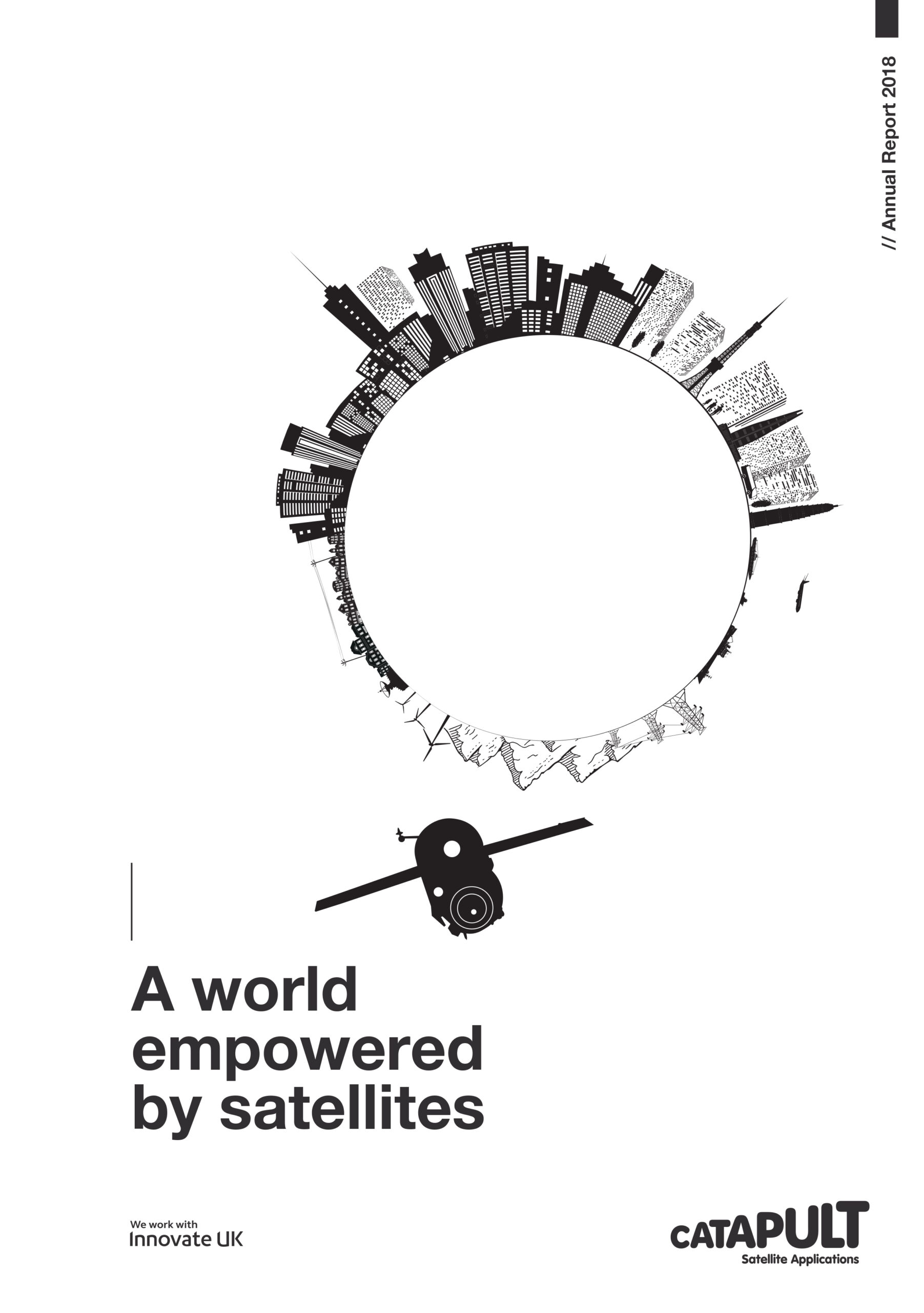 Black-and-white graphic of a globe with city buildings and a satellite, titled "A world empowered by satellites.