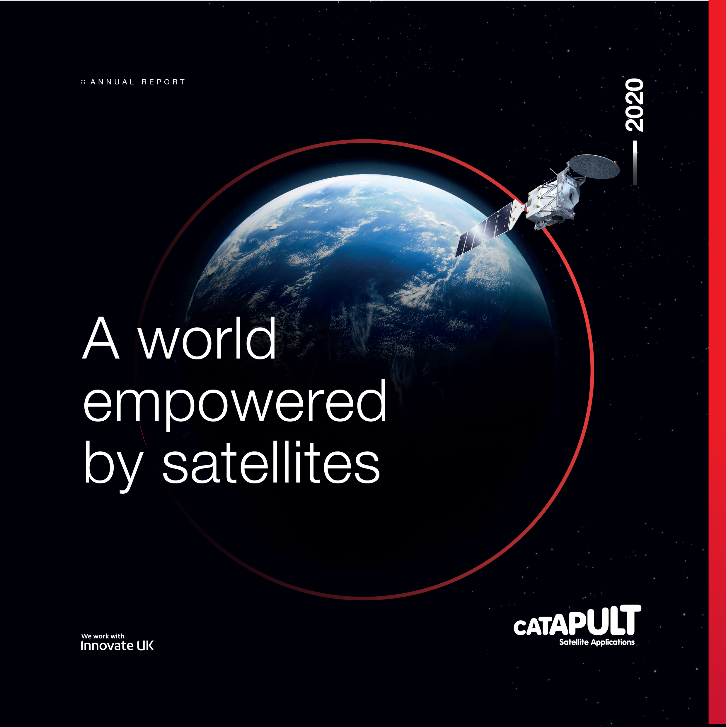 A satellite orbits Earth with the text "A world empowered by satellites" on a dark background.