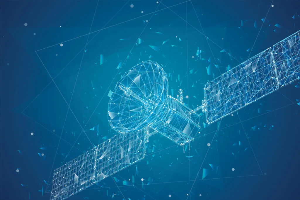 Digital wireframe illustration of a satellite with solar panels against a blue geometric background.