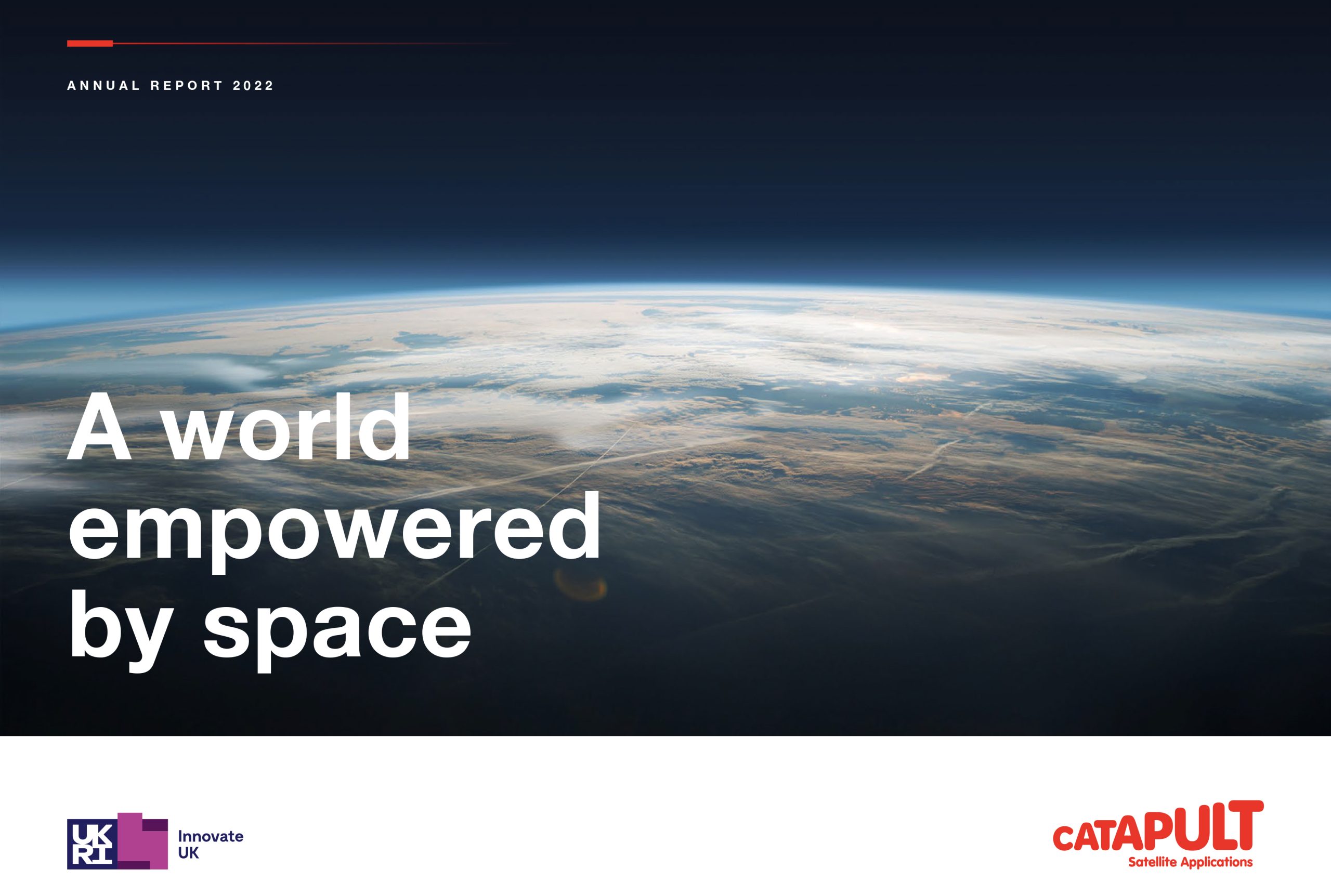 View of Earth from space with the text "A world empowered by space" and logos for UKRI and Catapult.