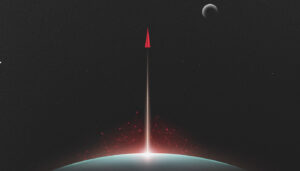 A red rocket launches from a planet's surface into space, with a moon visible in the dark sky.