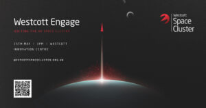 Futuristic space-themed Westcott Engage event poster with rocket, planets, and event details.