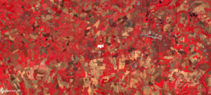 Aerial infrared image of agricultural fields, with red areas indicating vegetation, and a visible river in the top right.
