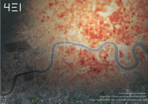 Aerial heat map of a city with a river, showing temperature variations from cooler blues to warmer reds.