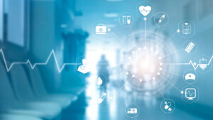 Abstract medical concept with icons connected in a network pattern over a blurred hospital background.