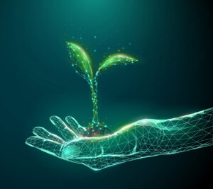 Digital illustration of a low-poly hand holding a glowing plant sprout on a dark green background.