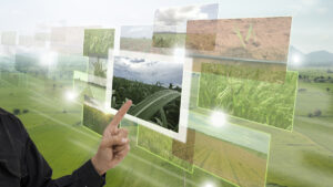 A person pointing at floating images of crops and fields, overlaying a rural landscape background.