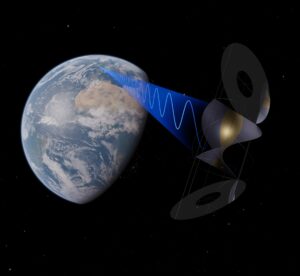 A satellite beaming a blue wave signal toward Earth against a black space backdrop.