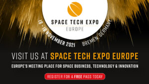Banner for Space Tech Expo Europe 2021, held in Bremen, Germany, promoting free pass registration.