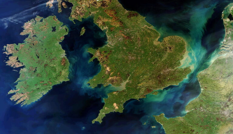 Satellite image of the British Isles, showing Ireland and Great Britain with surrounding bodies of water.