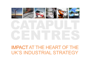 Collage of technology images above text: "Catapult Centres - Impact at the Heart of the UK’s Industrial Strategy.
