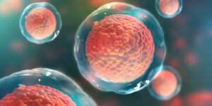 Illustration of red spherical cells in translucent membranes floating against a blurred green and blue background.