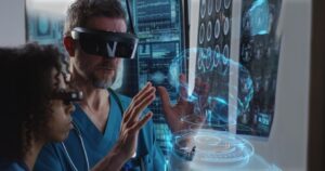 Two doctors in VR goggles interact with a holographic brain model in a futuristic medical setting.