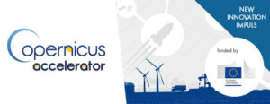 Banner with "Copernicus Accelerator" logo, wind turbines, rocket icon, and "funded by European Commission" note.