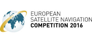 Logo for the European Satellite Navigation Competition 2016, featuring a globe with a yellow orbit line.