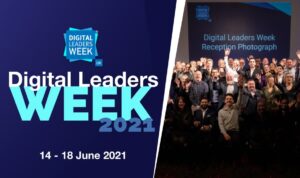 Digital Leaders Week 2021 event photo with a group of people smiling, dated 14-18 June 2021.
