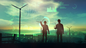 Silhouettes of two engineers with wind turbines and digital data graphics against a sunset backdrop.