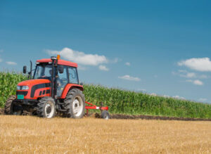A red tractor plows a field near tall green corn under a clear blue sky.