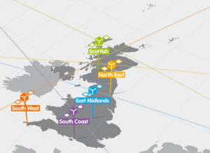 Map highlighting UK regions: Scottish, North East, East Midlands, South West, and South Coast, in various colors.