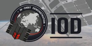 Graphic of a satellite and earth with the text "In-Orbit Demonstration" and "IOD" on a space background.