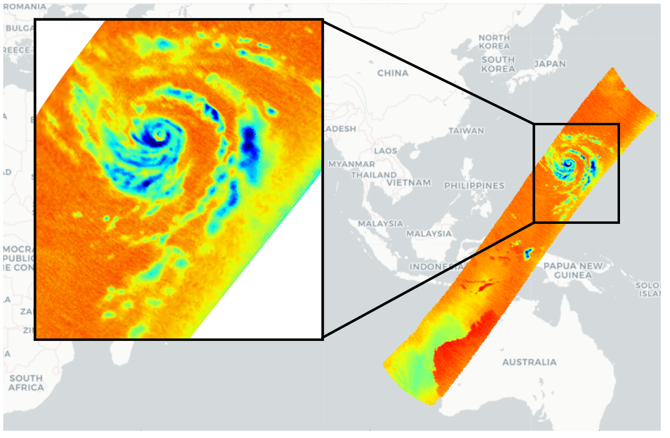 Weather map showing a cyclone near Southeast Asia, with a magnified inset highlighting swirling patterns.