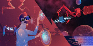 Split image: Person uses VR in a factory; space scene with satellites and robotic arms.