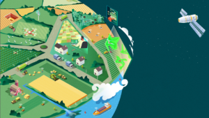 Illustrated farm landscape with fields, drones, and a satellite in space above, showing modern agricultural technology.