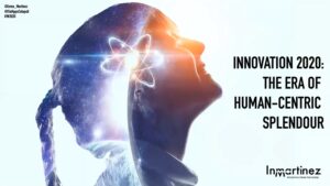 Silhouette of a person's head with a cosmic background, glowing atom, and text: "Innovation 2020: The Era of Human-Centric Splendour.