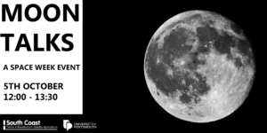 Flyer for "Moon Talks," a space event on 5th October, 12:00-13:30, featuring a large image of the moon.