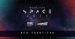Text reading "Made for Space 2022" with starry space background and "New Frontiers" at the bottom. Logos are visible.