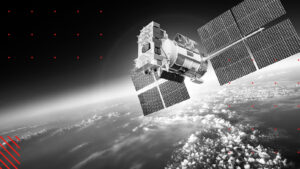 Black and white image of a satellite orbiting Earth with clouds below and red graphic accents.