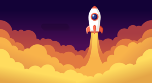 Illustration of a rocket launching into space, leaving a trail of smoke against a dark sky.