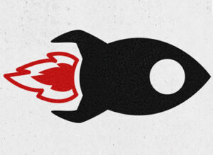 Stylized black rocket with a red flame on a white background.