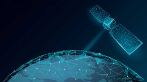 Illustration of a satellite orbiting Earth, with digital connections forming a network pattern over the planet.