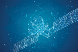Futuristic wireframe satellite in space against a blue background with geometric patterns.