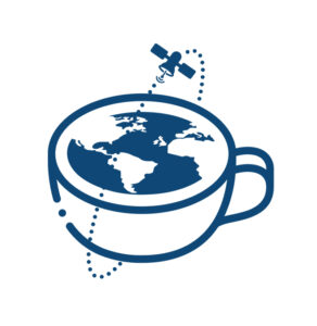 Illustration of a cup with the Earth as its liquid and a satellite orbiting above it.