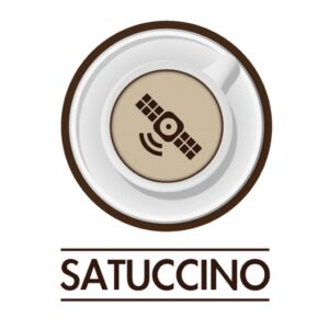 A coffee cup with a satellite design on foam, with "Satuccino" written below.