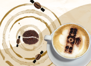 Cappuccino in a white cup with satellite latte art, surrounded by latte art rings and coffee beans.