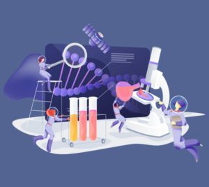 Illustration of people in spacesuits studying DNA and test tubes, with a microscope and satellite.