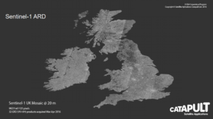 Satellite image of the UK and Ireland in grayscale, showing detailed topography and texture of the land.
