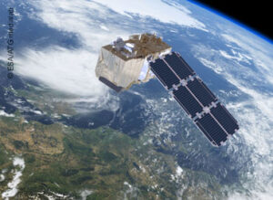 Satellite with solar panels orbiting Earth, featuring continents, clouds, and the curvature of the planet.