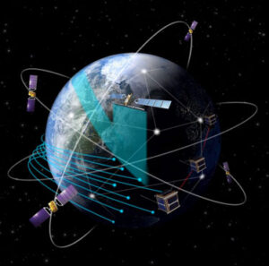 Earth with orbiting satellites and glowing communication lines in space background.
