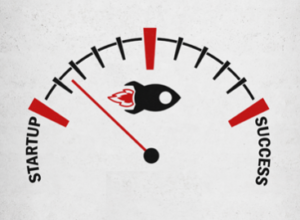 Gauge with a rocket icon pointing from "Startup" towards "Success" on a speedometer.