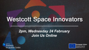 Banner for "Westcott Space Innovators" event on 24 February, 2 PM, with logos and a starry background.