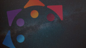 Colorful geometric shapes form a partial circle over a starry night sky.