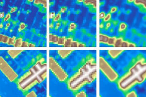 Abstract pixelated patterns in blue, green, and brown tones arranged in a grid layout.