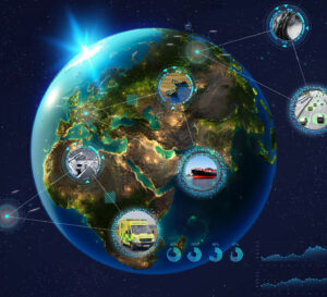Digital Earth with technology symbols, connections, and graphs illustrating global data and communication networks.