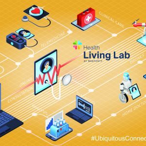 Illustration of a digital healthcare network with devices and online consultations on a yellow background.